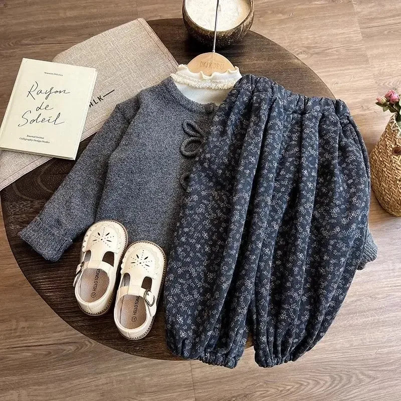 Girls Velvet Three-Piece Loose Casual Pants Set