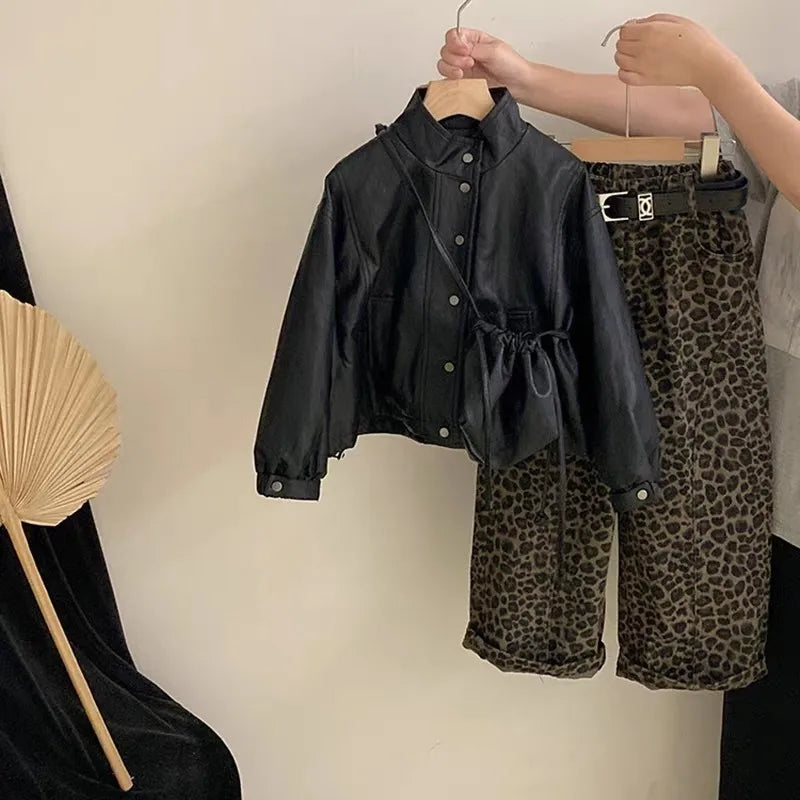 Girl's Leather Jacket & Leopard Pattern Casual Pants 2-piece Set