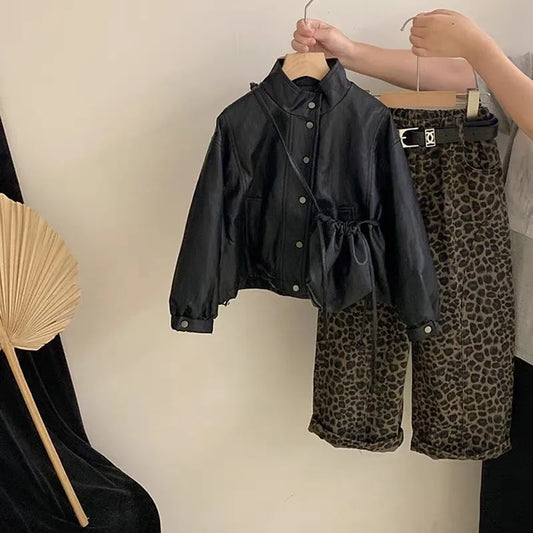 Girl's Leather Jacket & Leopard Pattern Casual Pants 2-piece Set
