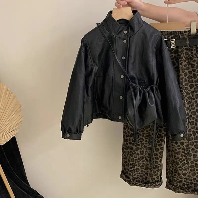 Girl's Leather Jacket & Leopard Pattern Casual Pants 2-piece Set