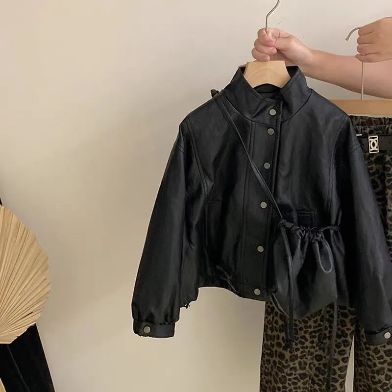 Girl's Leather Jacket & Leopard Pattern Casual Pants 2-piece Set