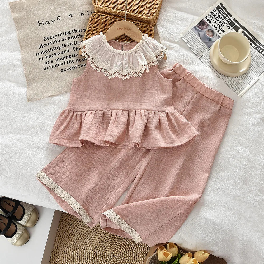 Pink Lace Sleeveless Pullover & wide Leg Pants Two-piece set