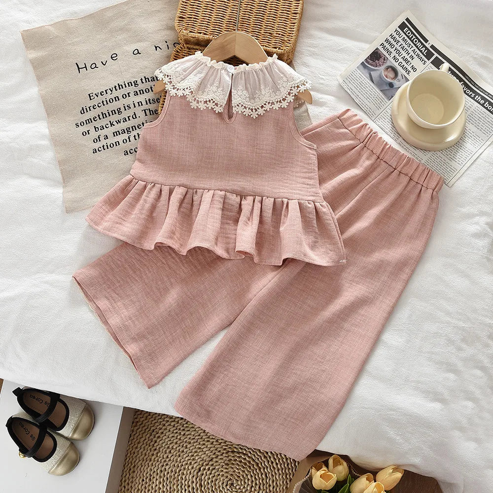 Pink Lace Sleeveless Pullover & wide Leg Pants Two-piece set