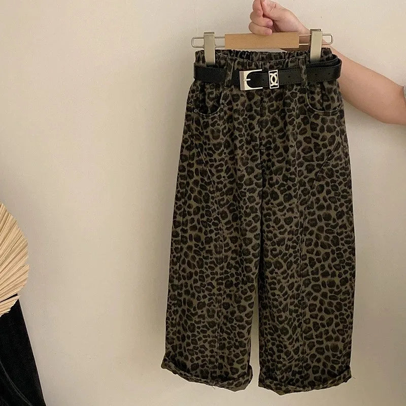 Girl's Leather Jacket & Leopard Pattern Casual Pants 2-piece Set